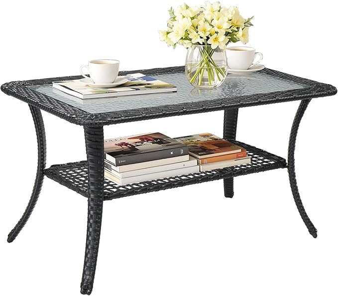 VINGLI Outdoor Coffee Table with Storage Wicker Patio Coffee Table, Tempered Glass Top Coffee Table for Patio Outside Balcony Porch Deck (Black) VINGLI