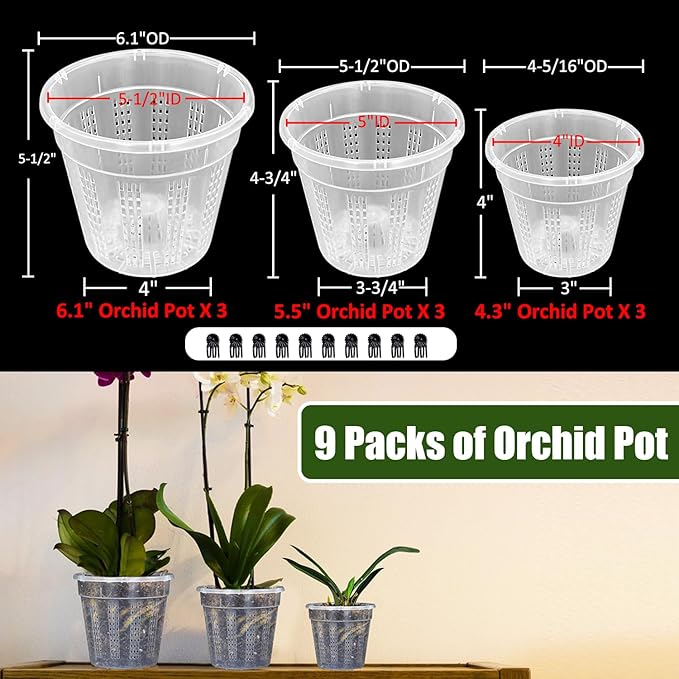 Orchid Pot, 3 Each of 4.3",5.5",6.1" Orchid Pots with Holes, 9 Pack Plastic Planter for Indoor Outdoor Plants (3 Each of 4.3",5.5",6.1") HOLANHING