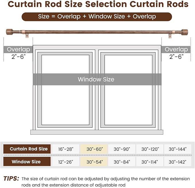 1” Diameter Curtain Rods Itself is 30 to 60 inch 2 Pack Fit 30-54 inch Window with Heavy Duty Adjustable Rod Matte Wood Grain Splicing Metal Extra Long Curtain Rod for Windows Rootora