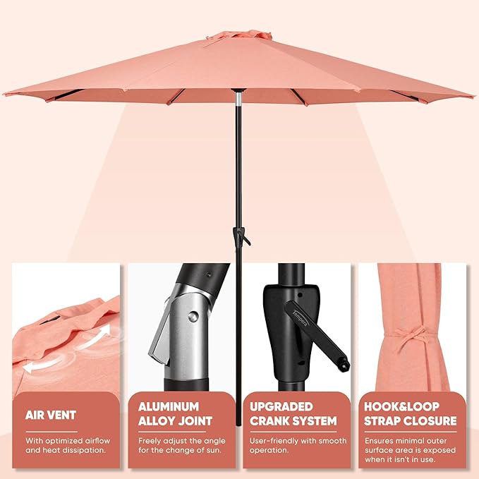 Tempera Patio Market Outdoor Table Umbrella with Auto Tilt and Crank, Large Sun Umbrella with Sturdy Pole & Fade Resistant Canopy, Easy to Set TemperaPatioLife