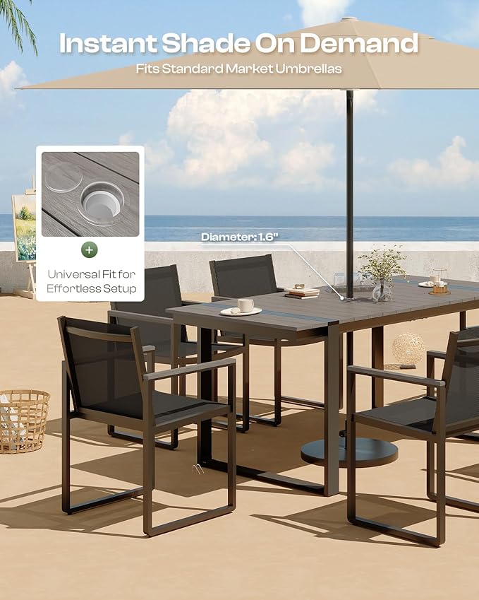 Outdoor Dining Set, HDPS + Aluminum Patio Table and Chairs Set with U-Shaped Base, 7 Piece Outdoor Furniture Set with Umbrella Hole, Patio Dining Table Set for Garden, Backyard (Gray) Oasbira