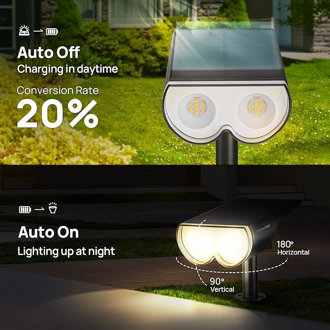 Consciot Solar Spot Lights Outdoor, 16 LEDs IP67 Waterproof, Auto On/Off Landscape Spotlights, 2-in-1 Adjustable Wall Lights for Garden Yard Pathway, 4 Pack (Warm White) Consciot