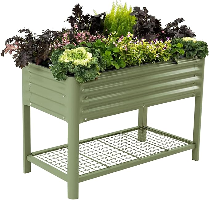 Elevated Raised Garden Bed-V Series, 2' x 4' Garden Beds with Legs & Storage Rack for Patio Porch, 700 Lbs Weight Capacity, Outdoor Planter Boxes for Gardening Herbs Vegetables Flowers, Olive Green VegoGarden