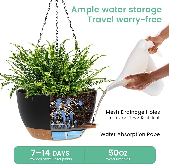13 Inch 2 Pack Large Self Watering Hanging Planters for Indoor Outdoor Plants, Hanging Plant Pots with Removable 50 Oz Reservoir, Plastic Hanging Basket for Window Porch Garden, Black with Brown UOUZ