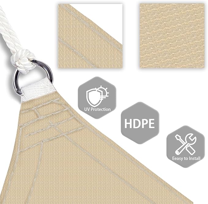 Patio Paradise 27' x 27' x 27' Sun Shade Sail Triangle Canopy Shade Cloth Fabric Sunlight Block Patio Pergola Cover HDPE Deck Awning for Outdoor Backyard Roof Shading, Sand Patio