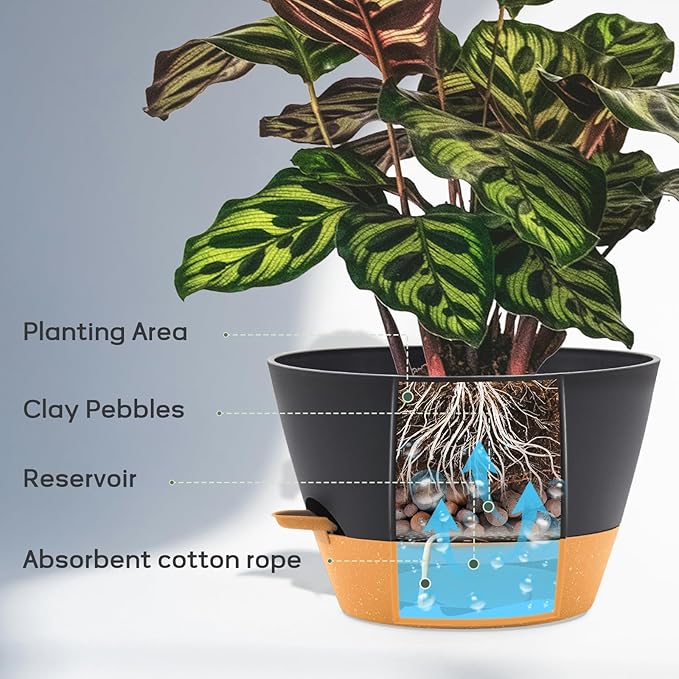 12-Inch Self Watering Planters with Drainage Holes, Large Flower Pots for Indoor Outdoor Plants, Garden Pots Grey 3 Pack FIASON