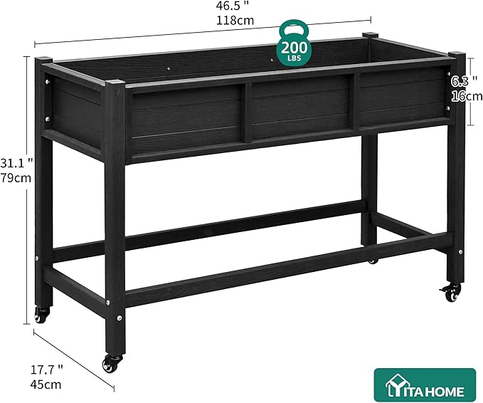 YITAHOME Raised Garden Bed HDPE, 47x18x31 in Raised Planter Box with Legs Poly-Wood Weather-Resistant Elevated Planter Box with Lockable Wheels for Vegetables, Herb Garden Bed, Black YITAHOME