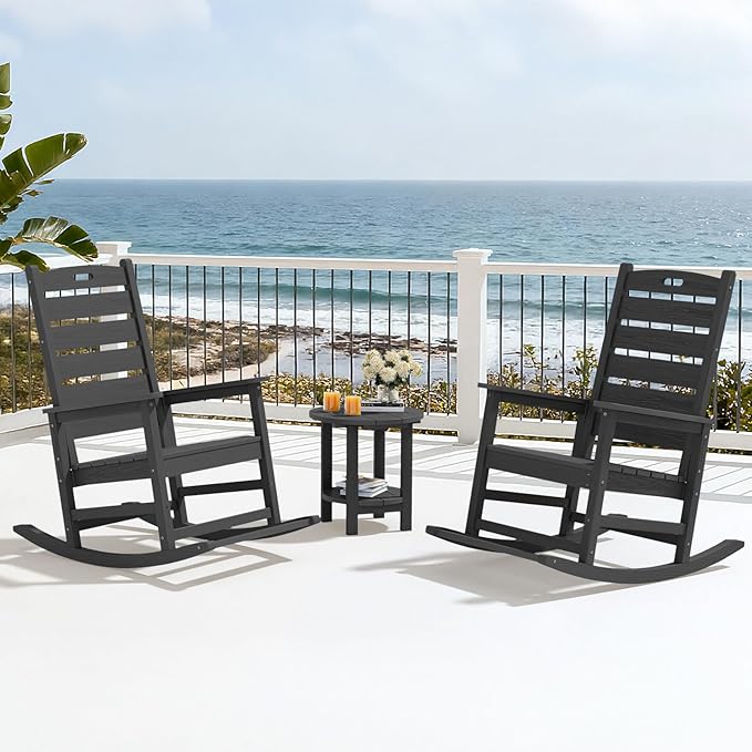 SERWALL Outdoor Rocking Chair Set of 4, Oversized HDPE Patio Rocking Chair with Footrest for Adults, All Weather Porch Rocker for Deck Patio Balcony, Gray SERWALL