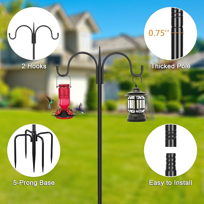 FEED GARDEN Adjustable Double Shepherds Hook for Outdoor with 5 Prong Base 108 Inch Heavy Duty Two Sided Bird Feeder Pole for Hanging Plant Baskets, Solar Light Lanterns, Wind Chimes FEEDGARDEN