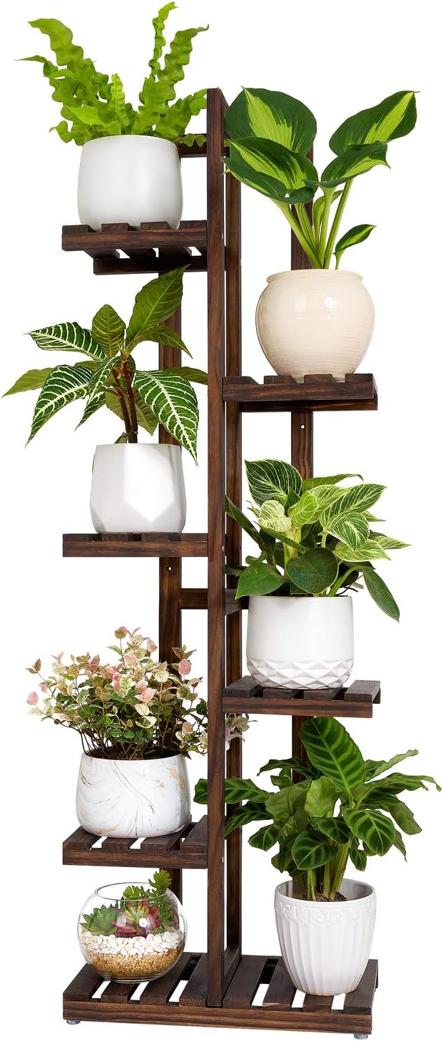 Mkono Wood Plant Stand 6 Tier 7 Potted Plant Shelf Indoor Outdoor Tall Multi-tiered Flower Pot Holder Modern Ladder Storage Rack Display Planter for Patio Garden Corner Balcony Living Room, Brown Mkono