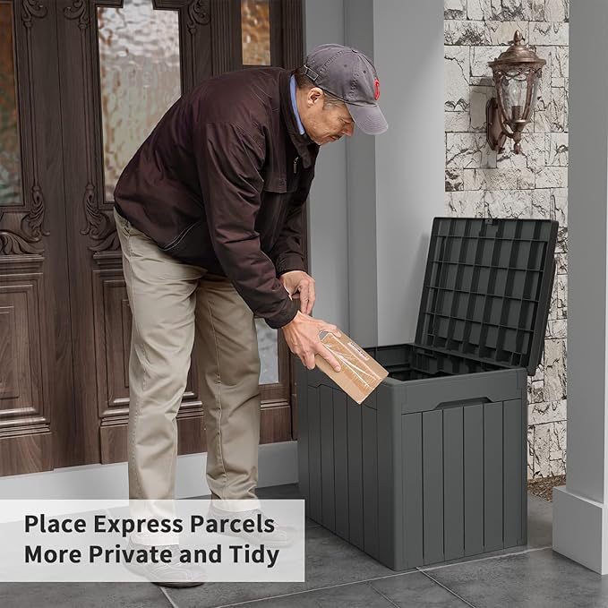 Flamaker Deck Box 31 Gallon Waterproof Resin Small Deck Box with Lid, Indoor Outdoor Package Delivery Box, Organization and Storage for Patio Furniture, Garden Tools, Outdoor Cushions (Grey) Flamaker