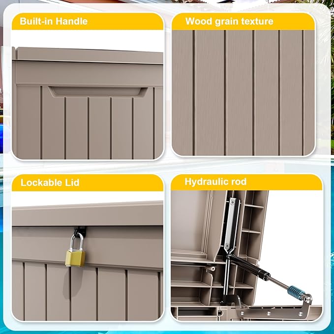 Deck Box - 280 Gallon Large Outdoor Storage box,Waterproof Patio Furniture and Storage Deck - Lockable and UV Resistant, Perfect for Pool and Outdoor Use, Weatherproof Resin, Lockable (Light Brown) MAIUSCOLI