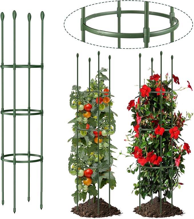 Round Heavy Duty Tomato Cage - 55 Inch Steel Core Plastic Coated Garden Trellis, 4-Post Rustproof Plant Support for Tomato/Cucumber/Beans, No Tools Snap Assembly, Spare Parts Available LOMNYIY