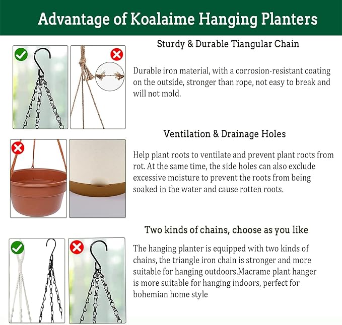 Hanging Planter Self Watering 10 Inch, 2 Pack Indoor Outdoor Hanging Baskets, Hanging Flower Pots with Drainage Hole & 2 Kinds of Plant Hangers for Garden Home Decor(Black Hanger Koalaime