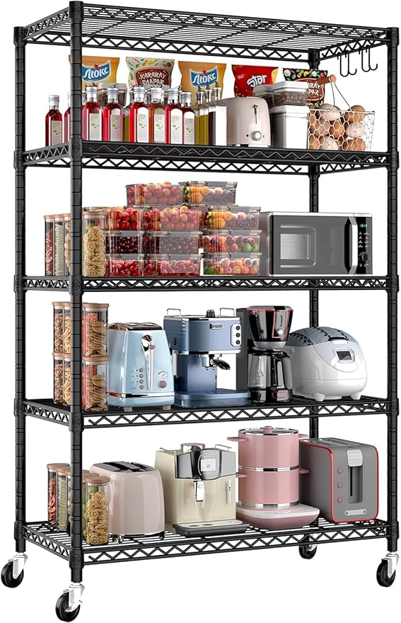 Xcity Storage Shelves, 5 Tier Heavy Duty Metal Shelving Unit with Wheels, 2000 LBS Capacity Adjustable Steel Wire Shelf Organizer for Pantry, Kitchen, Garage, 18" D x 36" W x 72" H, Black Rootora