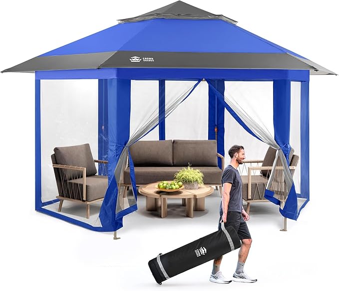 CROWN SHADES 13x13 Pop Up Gazebo with Mosquito Nettings, Patented Center Lock 6-Sided Portable Gazebo, 300D Silver-Coated Fabric UV Resistant, Pop Up Canopy Tent for Patio, Party, Blue&Light Grey CrownShades