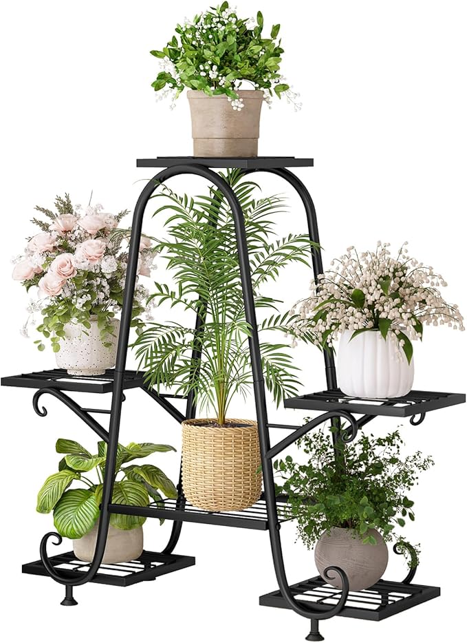 Plant Stand Indoor Outdoor Shelf Metal Holder Pot Rack Multiple Plants Stand Tall 6 Pot Flower Shelf Corner Living Room Garden,Black (Black, 6 Pots) INGIORDAR