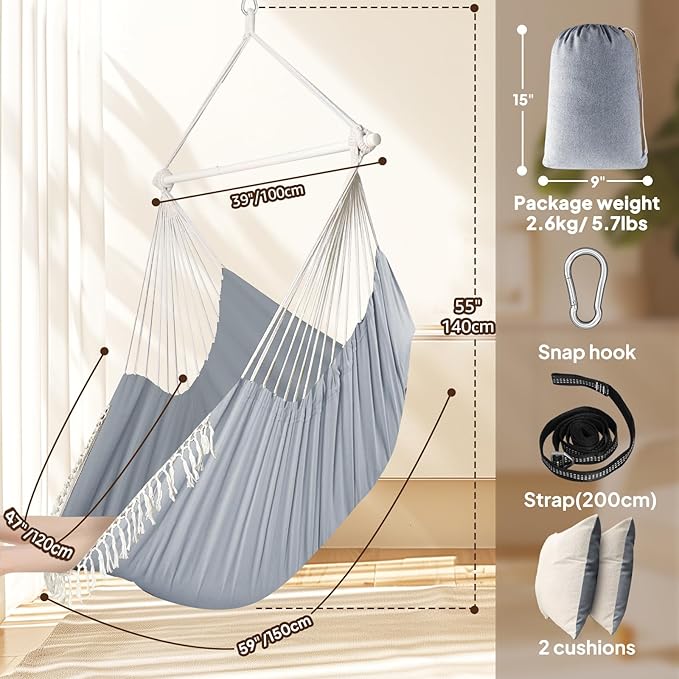 Chihee Hammock Chair 4.9ft x 3.9ft Max 500 Lbs Widen Hanging Swing 2 Cushions Included Metal Spreader Bar with Anti-Slip Grooves Portable Comfy Hanging Chair Side Pocket Bohemian Chair Indoor Outdoor Chihee