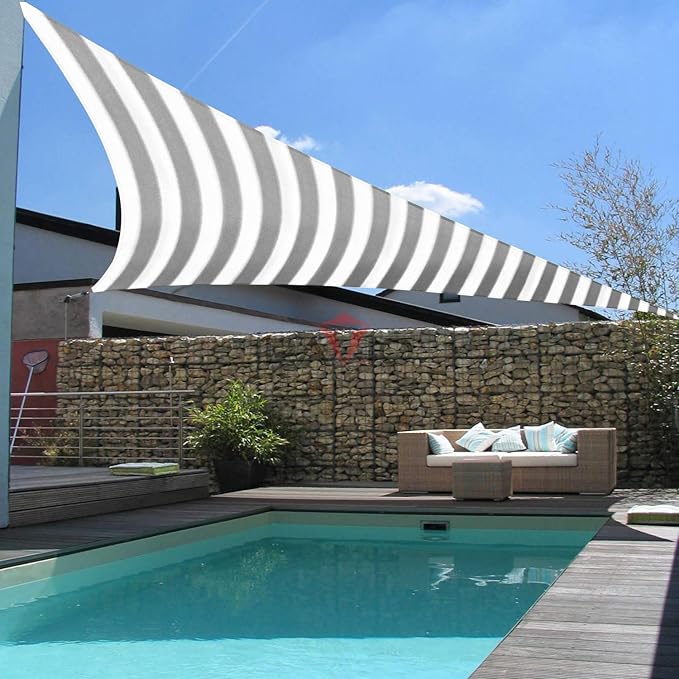 Patio Paradise 6' x 6' x 6' Sun Shade Sail Triangle Canopy Shade Cloth Fabric Sunlight Block Patio Pergola Cover HDPE Deck Awning for Outdoor Backyard Roof Shading, Gray White Strip Patio