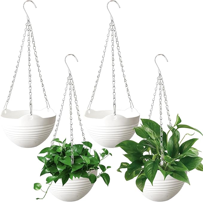 4 Pack 8 inch Plastic Self Watering Hanging Planters,Round Hanging Basket Planter with Drainer and Metal Chain,White Garden Flower Plant Pot Container for Indoor Outdoor Plants Srmayyi