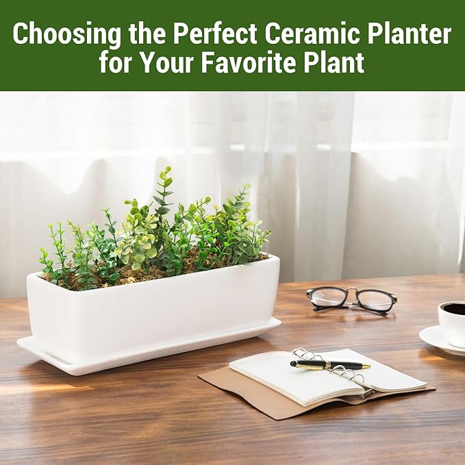 MyGift 14 Inch Ceramic Indoor Plant Pot with Drainage Hole, Rectangular Succulent Planter Window Box with Removable Saucer, Unglazed White MyGiftHome