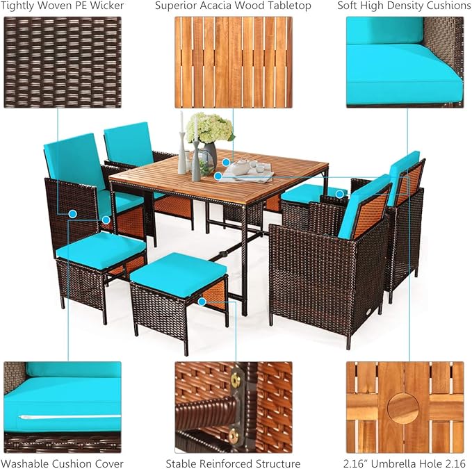 Tangkula 9 Pieces Acacia Wood Patio Dining Set, Space Saving Wicker Chairs and Wood Table with Umbrella Hole Outdoor Furniture Set, Suitable for Garden, Yard, Poolside, Outdoor Seating Set TANGKULA