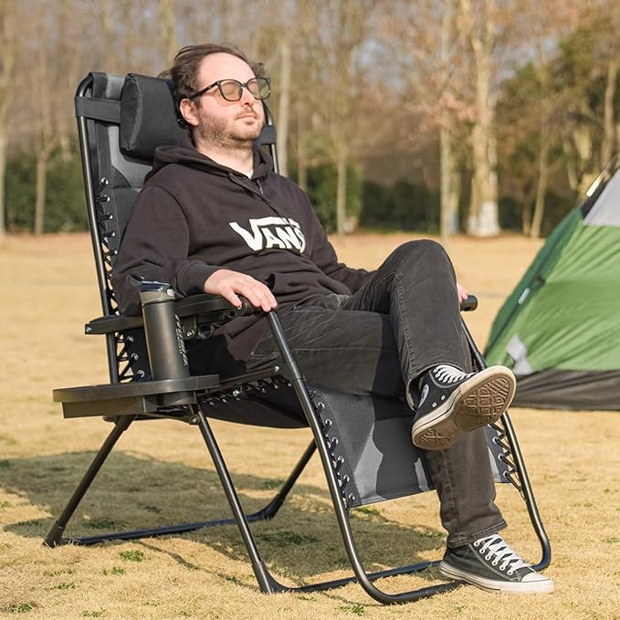 Zero Gravity Chair Oversized Padded Recliner with Adjustable Headrest & Cup Holder - XL 600D Oxford Folding Lounge Chair for Outdoor Camping, Patio, Poolside (Black & Gray) Rootora