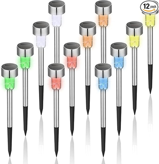 GIGALUMI Solar Lights Outdoor Waterproof, 12 Pack, Stainless Steel LED Solar Garden Lights for Patio, Lawn, Yard and Landscape, Garden Decor Patio Decor,Multicolor GIGALUMI