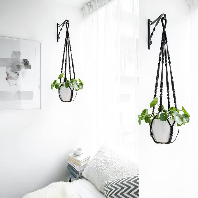 Mkono Macrame Plant Hanger Indoor Hanging Planter Basket with Wood Beads Decorative Flower Pot Holder No Tassels for Indoor Outdoor Boho Home Decor 35 Inch, Black, Set of 2 (POTS NOT Included) Mkono