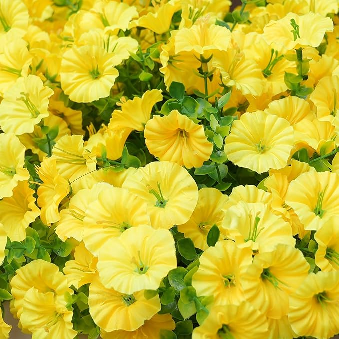 Artificial Flowers for Outdoors, UV Resistant Fake Silk Morning Glory, Realistic Faux Plants for Outside Porch Patio Window Box Hanging Planter (16, Yellow) maxkes