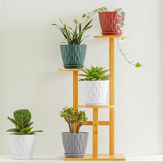 FaithLand 6-Pack 6-Inch Plastic Plant Pots with Saucers | Thickened PP Material, Modern Wave Texture, Enhanced Drainage for Indoor/Outdoor Garden Plants | White Value Set FaithLand