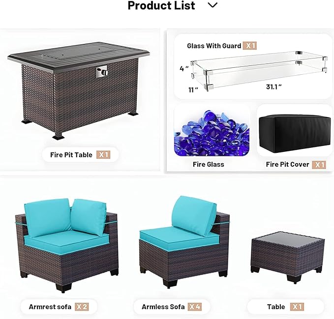 Kullavik 8 Pieces Outdoor Patio Furniture Set with 43" 55000BTU Gas Propane Fire Pit Table PE Wicker Rattan Sectional Sofa Patio Conversation Sets,Blue KULLAVIK