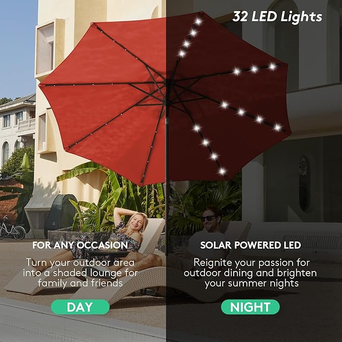 JEAREY 9FT Outdoor Patio Umbrella with Solar Lights, LED Lighted Pool Umbrella with Tilt and Crank, Outdoor Table Umbrellas for Deck, Yard & Market (Red) JEAREYOutdoorsCollection