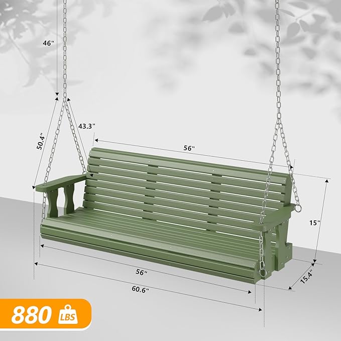 VINGLI Upgraded Patio Wooden Porch Swing for Courtyard & Garden, Heavy Duty 880 LBS Swing Chair Bench with Hanging Chains for Outdoors (Green, 5 FT) VINGLI
