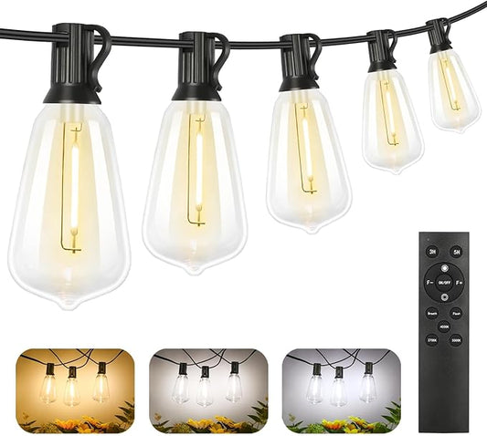 Brightever Dimmable Outdoor String Lights with Remote, 3 Colors in 1 LED Patio Light for Outside with 25+1 ST38 Edison Bulbs, 50FT 3 Modes Gazebo Lighting Waterproof for Camping, 2700K/4000K/5000K Brightever