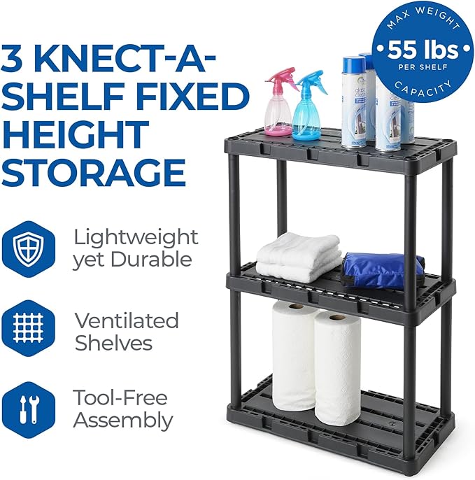 Gracious Living 3 Pack Light Duty Storage Shelves, Knect-A-Shelf 3-Shelf Ventilated Shelving Rack Organizer for Home, Garage, Basement, Laundry, Black GraciousLiving