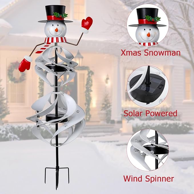 Outdoor Christmas Decorations Snowman Solar Wind Spinner Lighted Christmas Yard Stakes Outdoor Xmas Metal Wind Spinner Stake for Garden Lawn Pathway Party Decoration Afirst