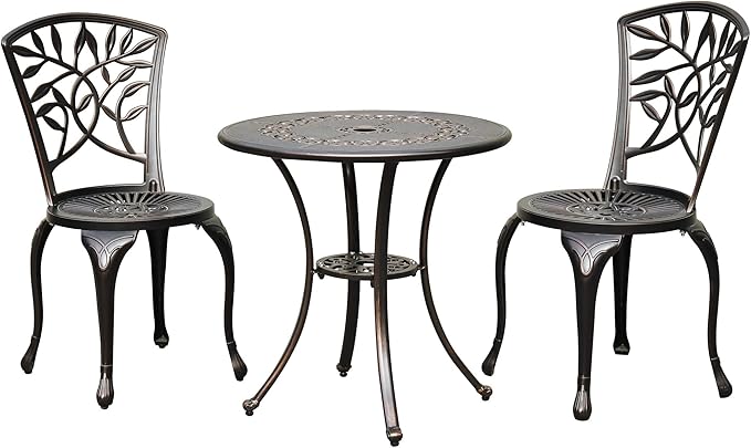 DWVO 25 Inches Round Patio Dining Table with Umbrella Hole, Antique Cast Aluminum Outdoor Bistro Table Outdoor Side Table for Backyard, Garden, Patio, Porch, Hammered Bronze DWVO