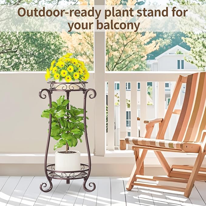 LASZOLA 2 Tier Bronze Metal Plant Stand for Multiple Large Planters Indoor Outdoor Organizer, Heavy Duty Tall Flower Stand for Corner Patio Bathroom Office, Modern Sturdy Vertical Iron Rack, Cat Proof LASZOLA