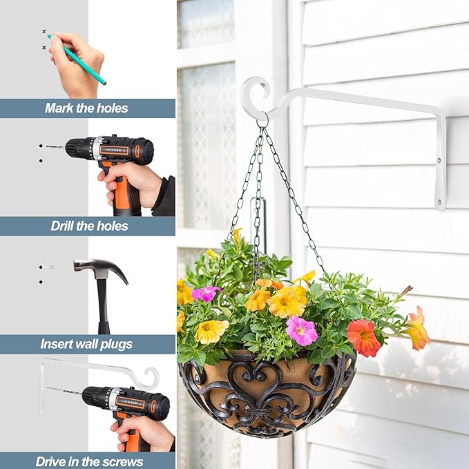 BOLITE Plant Hangers, 10 Inch Hanging Plant Brackets Outdoor Indoor, Wall Hooks for Hummingbird Feeders, Bird Feeders, Planters, Lanterns, Wind Chimes, Home Decor, 2 Pack, White, Gifts for Women Men Bolite