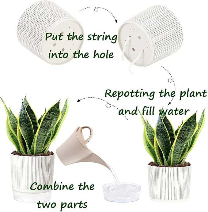 Self Watering Pots for Indoor Plants, 5 & 4 Inch Stylish Flower Pots, Set of 4 Modern Planters with Self Watering Plant Feature (Black Stripes) Etvski