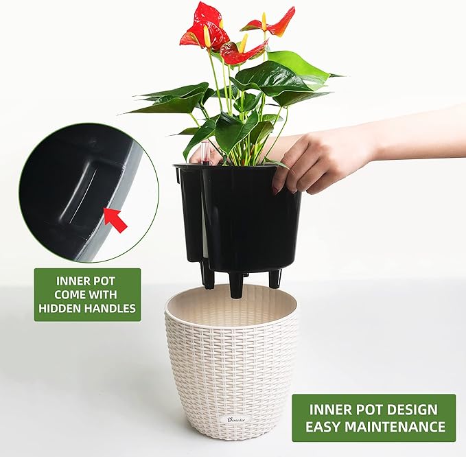 Dexceder 9x8 Inches Rattan Self Watering Planter Indoor Outdoor, Inner Pot Design, Thickened Table Flower Plant Pot with Water Level Indicator (Ivory White) Dexceder