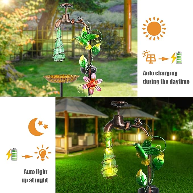 Bshine Solar Garden Decoration Outdoor Light - Waterdrop Metal Hummingbird Solar Stake,Waterproof Garden Decor Path,Lawn and Yard Art Gift for Mom, Green Bshine