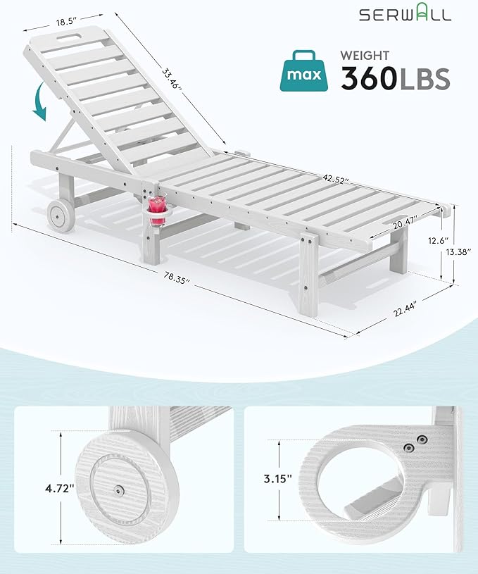 SERWALL Outdoor Chaise Lounge Set of 8, HDPE Pool Lounge Chairs with 5-Position Adjustable Backrest, Patio Loungers with Rolling Wheels & Cup Holder for Pool Sunbathing, White SERWALL