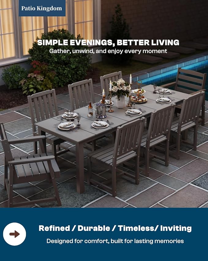 9-Piece Grey Outdoor Dining Set with White 15FT Large Patio Umbrella, 75.2'' HDPE Table & Chairs for 8, Weather-Resistant Furniture with Umbrella Hole for Patio, Lawn, Poolside PatioKingdom