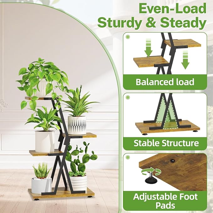 iDavosic.ly 3 Tier Indoor Plant Stand, Corner Tall Metal & Wood Flower Shelf, Orchid Display Rack for Living Room Balcony Patio Porch, Space Saving & Multifunctional Display, Black & Brown iDavosicly