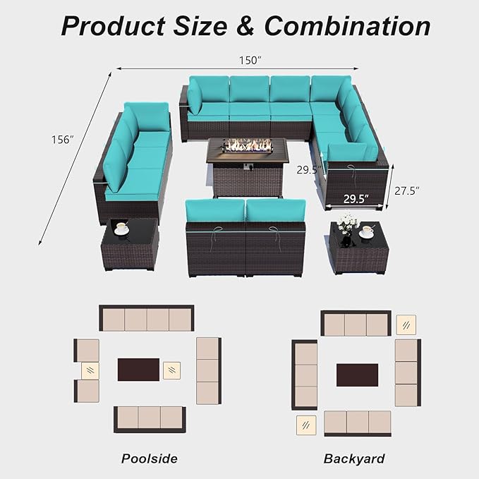 ALAULM Patio Furniture Set with Fire Pit Table 55000 BTU, Outdoor Sectional with Wide Seat and Thick Cushion, 15 Piece Wicker Rattan Conversation Set with Coffee Table for Garden, Deck, Turquoise ALAULM