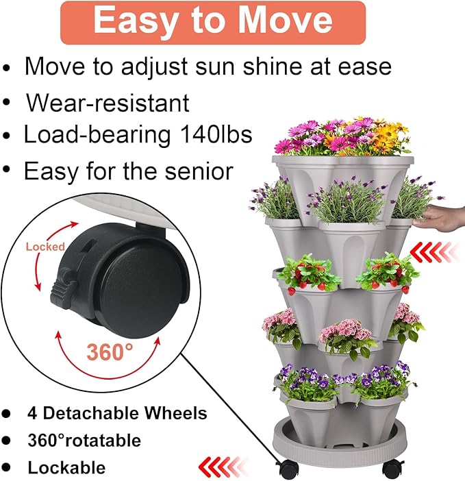 GameXcel Vertical Planter 5 Tier Stackable Planters Garden Planters Strawberry Herb Flower and Vegetable Planter Indoor Outdoor Gardening Pots with Removable Wheels and Tools - Gray GameXcel