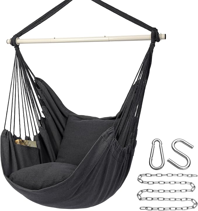 Y- STOP Hammock Chair Hanging Rope Swing Chair, Max 500 Lbs, 2 Seat Cushions Included, Removable Steel Spreader Bar with Anti-Slip Rings, Hardware kit-for Indoor Outdoor(Dark Grey) pcs Y-STOP