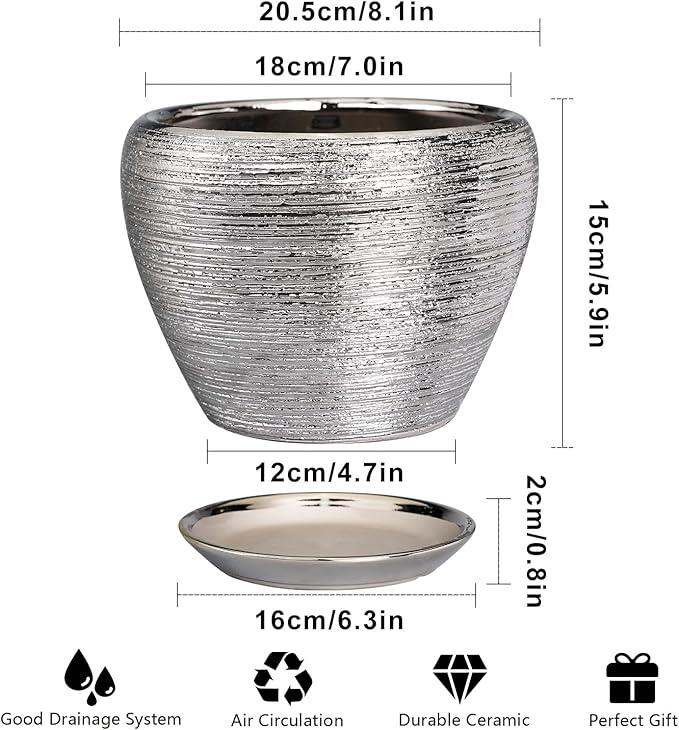 Pot for Plants 8 Inch - Ceramic Plant Pot Indoor with Drainage Hole and Saucer Decorative Planter for Indoor Plants Modern Round Flower Pot for Home Decor Silver Ceramicfor